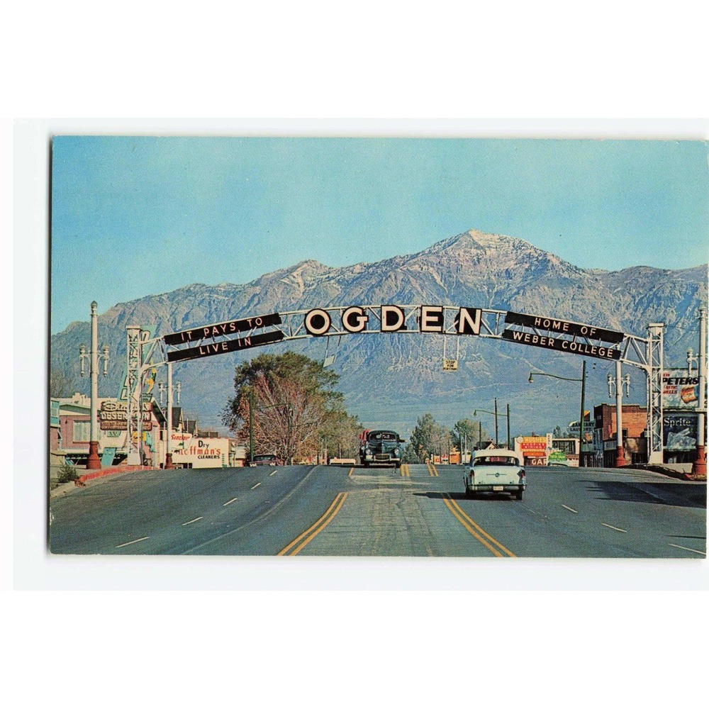 Vintage Ogden Utah Welcome Arch Postcard Ben Lomond Peak Weber College 1969
